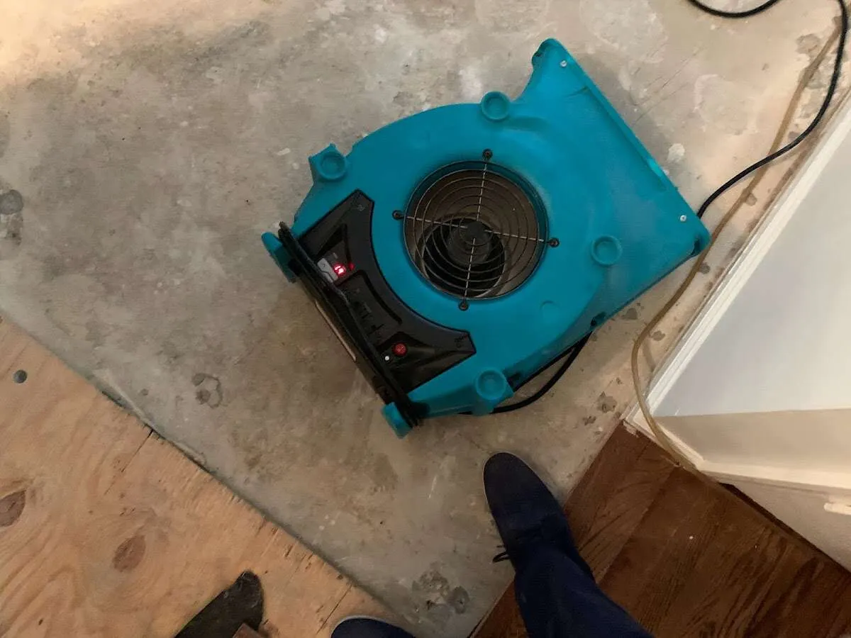 Air mover drying subfloor during Commercial Water Damage Restoration in Battle Ground